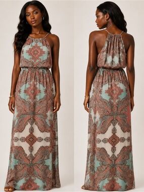 Boho Halter Maxi Dress in Mint and Rust